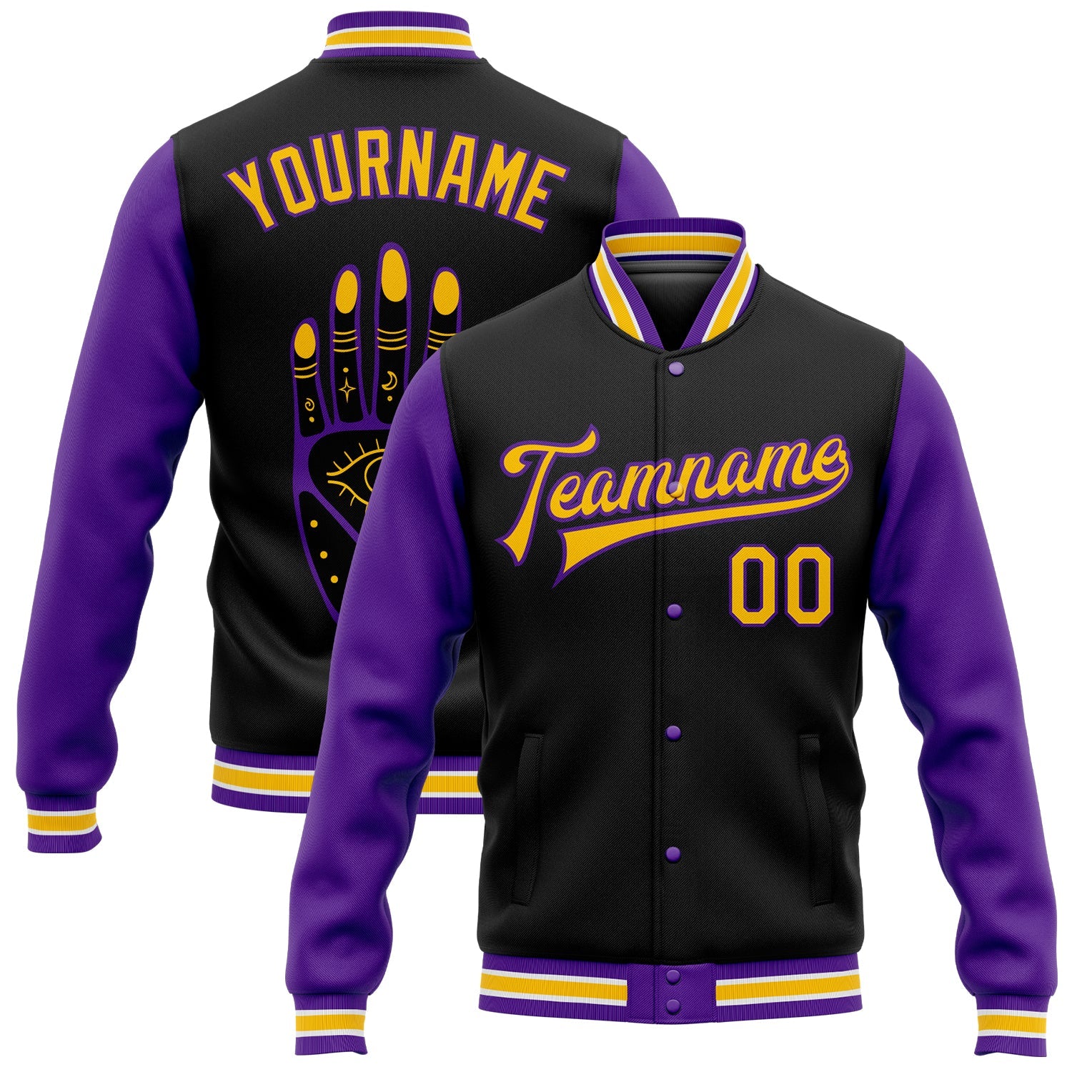 Custom Black Gold-Purple Evil Eyes 3D Pattern Design Bomber Full-Snap Varsity Letterman Jacket - Main View