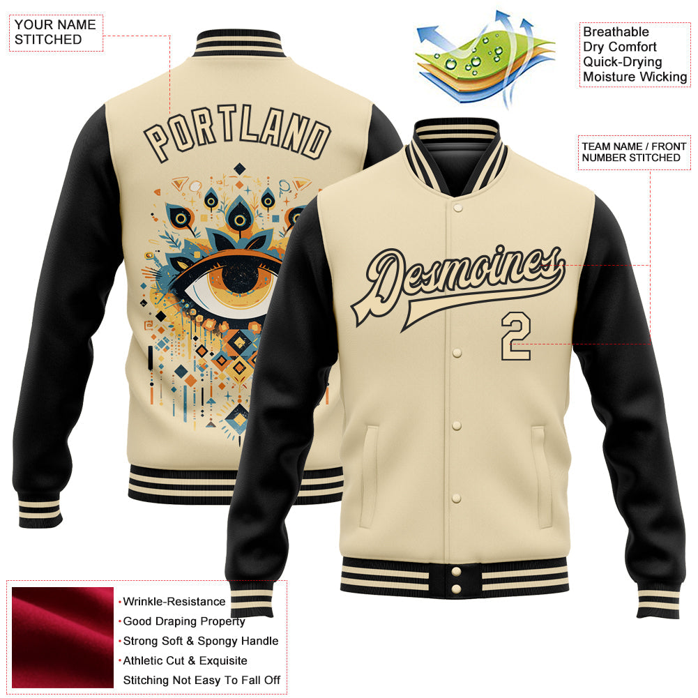 Custom Cream Black Evil Eyes 3D Pattern Design Bomber Full-Snap Varsity Letterman Jacket view 5