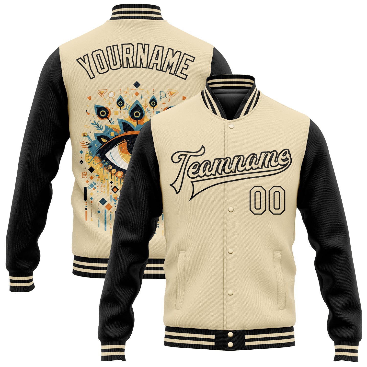 Custom Cream Black Evil Eyes 3D Pattern Design Bomber Full-Snap Varsity Letterman Jacket - Main View