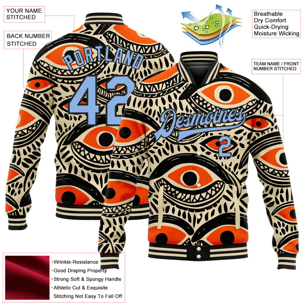 Custom Cream Light Blue-Black Evil Eyes 3D Pattern Design Bomber Full-Snap Varsity Letterman Jacket view 5