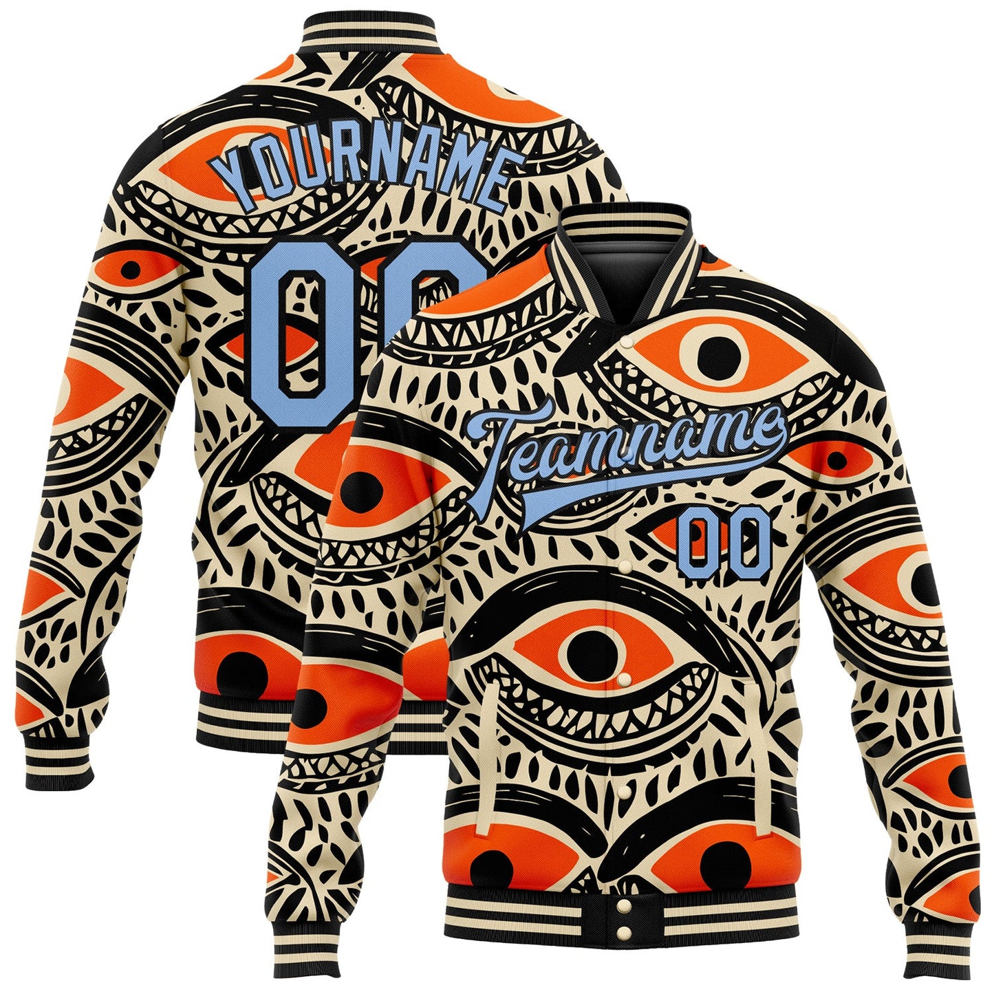 Custom Cream Light Blue-Black Evil Eyes 3D Pattern Design Bomber Full-Snap Varsity Letterman Jacket - Main View