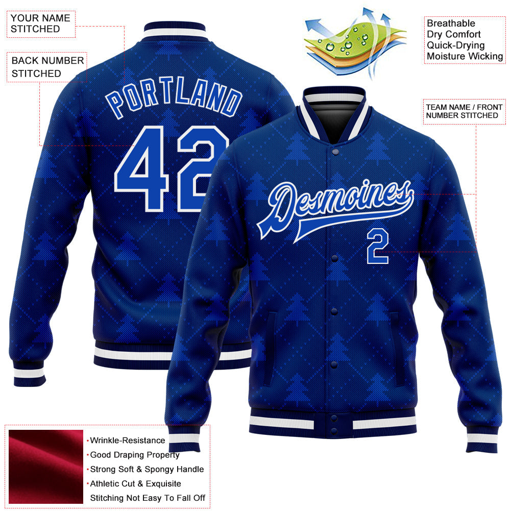 Custom Navy Thunder Blue-White Christmas 3D Bomber Full-Snap Varsity Letterman Jacket view 5