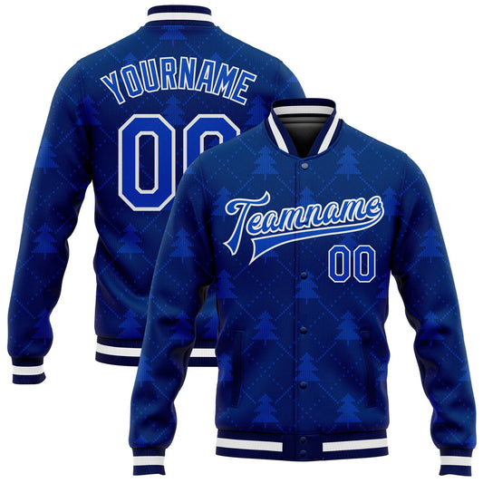 Custom Navy Thunder Blue-White Christmas 3D Bomber Full-Snap Varsity Letterman Jacket - Main View