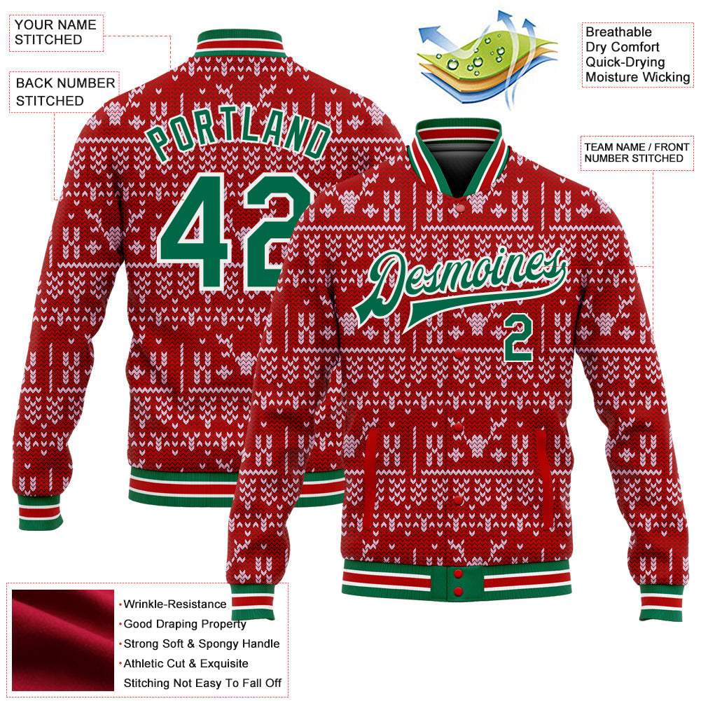Custom Red Kelly Green-White Christmas 3D Bomber Full-Snap Varsity Letterman Jacket view 5