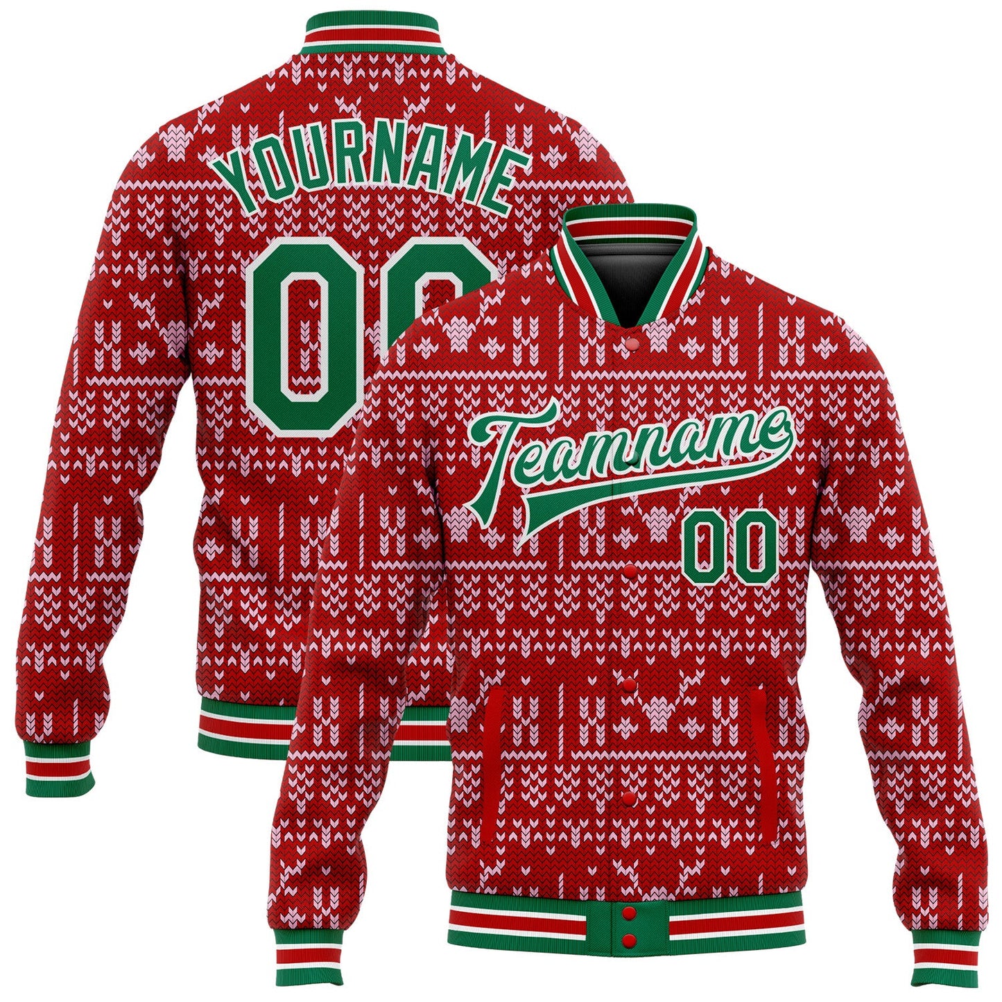 Custom Red Kelly Green-White Christmas 3D Bomber Full-Snap Varsity Letterman Jacket - Main View