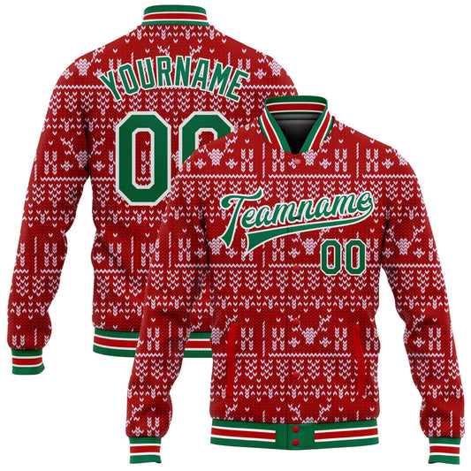 Custom Red Kelly Green-White Christmas 3D Bomber Full-Snap Varsity Letterman Jacket - Main View