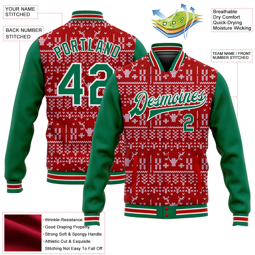 Custom Red Kelly Green-White Christmas 3D Bomber Full-Snap Varsity Letterman Jacket view 5