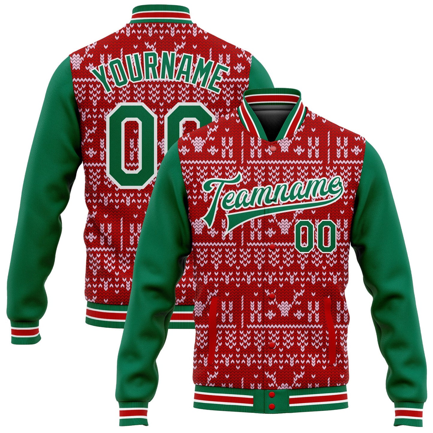Custom Red Kelly Green-White Christmas 3D Bomber Full-Snap Varsity Letterman Jacket - Main View