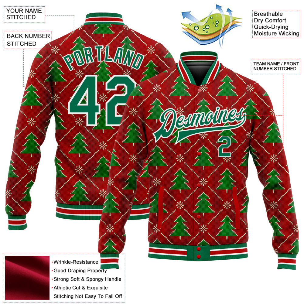 Custom Red Kelly Green-White Christmas 3D Bomber Full-Snap Varsity Letterman Jacket view 5