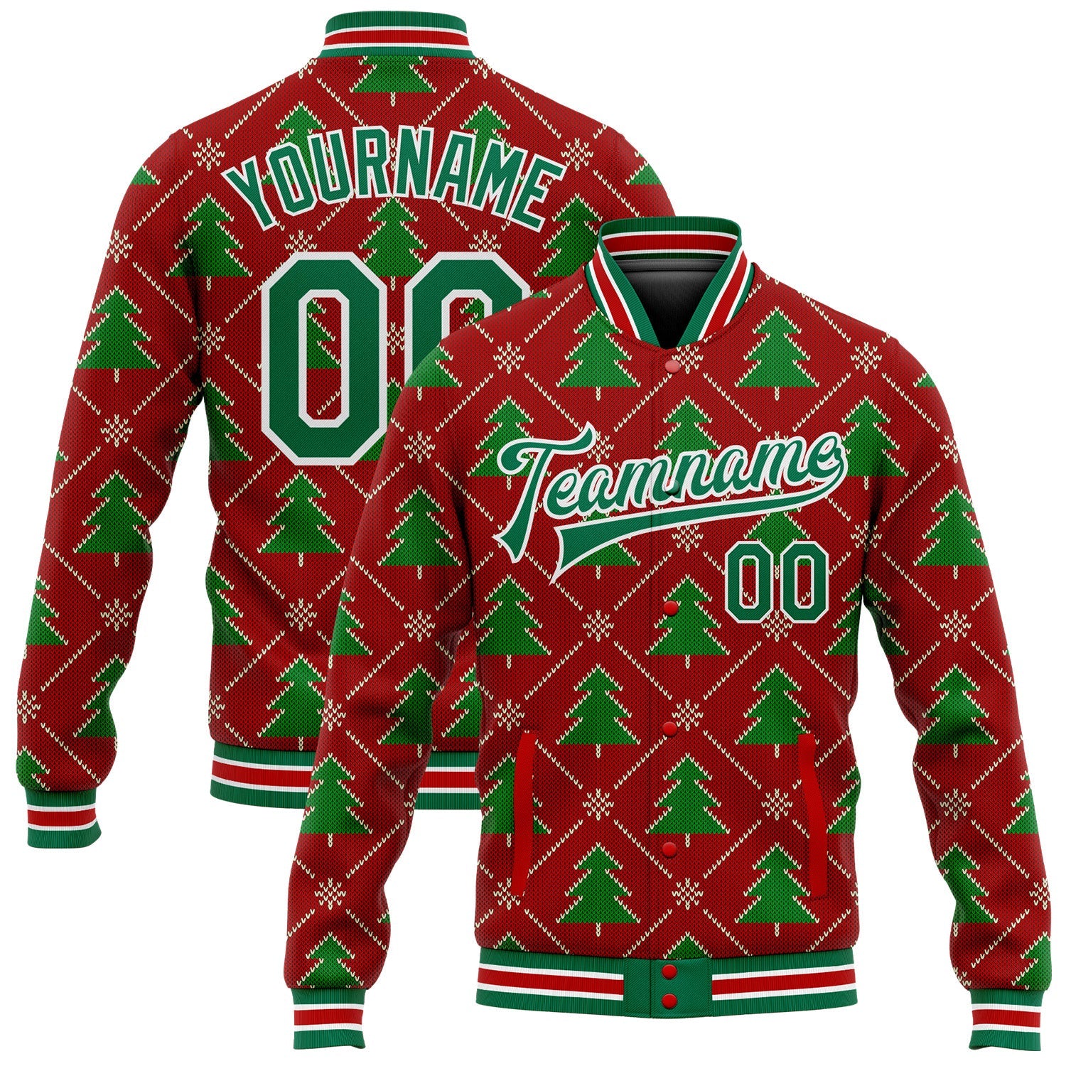 Custom Red Kelly Green-White Christmas 3D Bomber Full-Snap Varsity Letterman Jacket - Main View