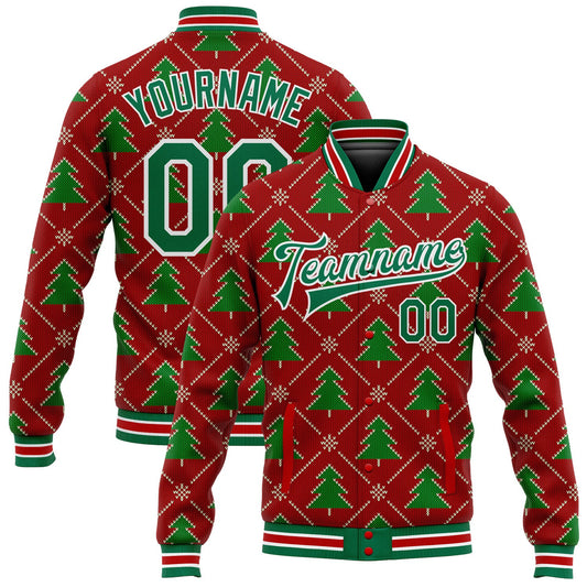 Custom Red Kelly Green-White Christmas 3D Bomber Full-Snap Varsity Letterman Jacket - Main View