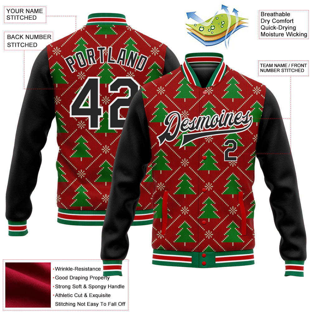 Custom Red Black-Kelly Green Christmas 3D Bomber Full-Snap Varsity Letterman Jacket view 5