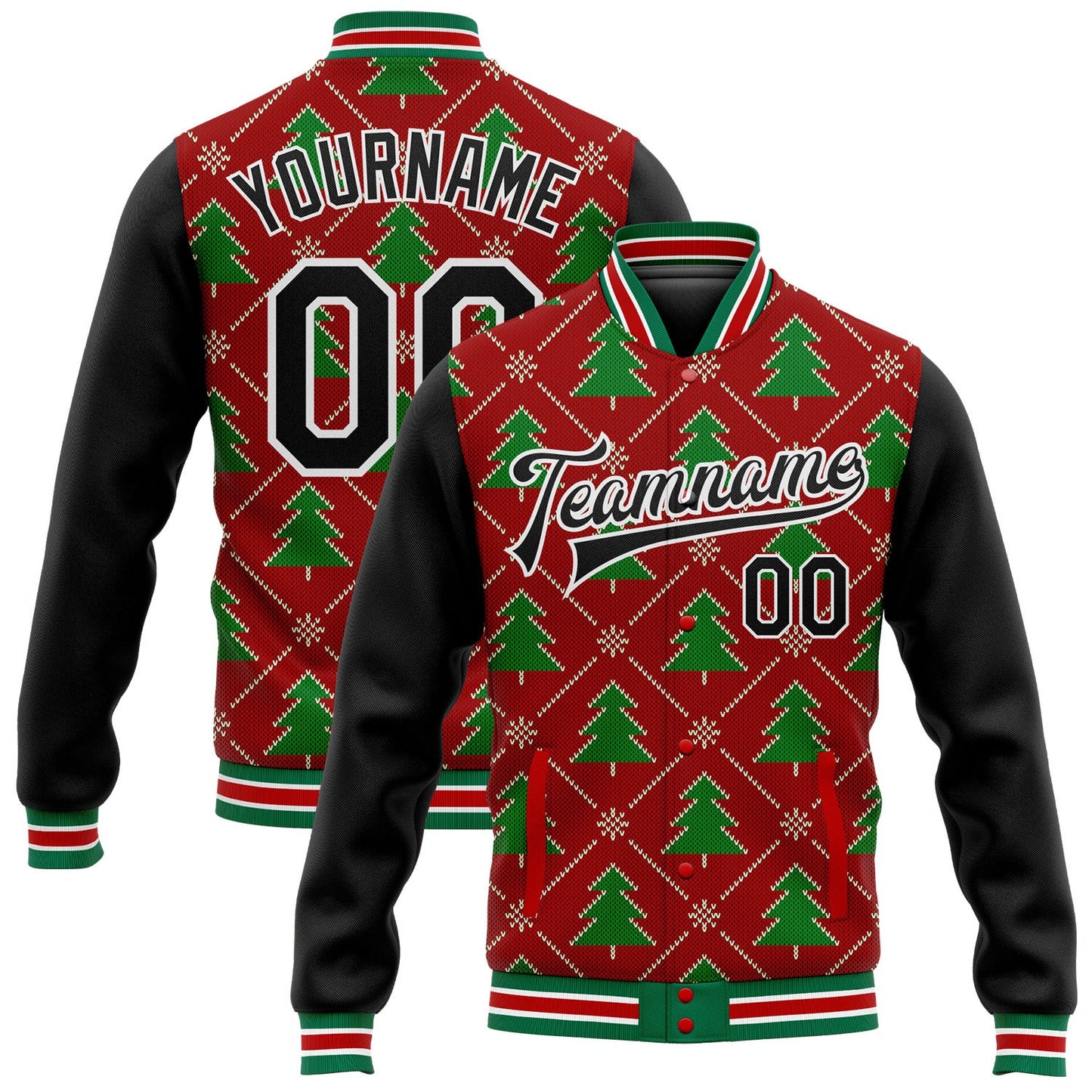 Custom Red Black-Kelly Green Christmas 3D Bomber Full-Snap Varsity Letterman Jacket - Main View