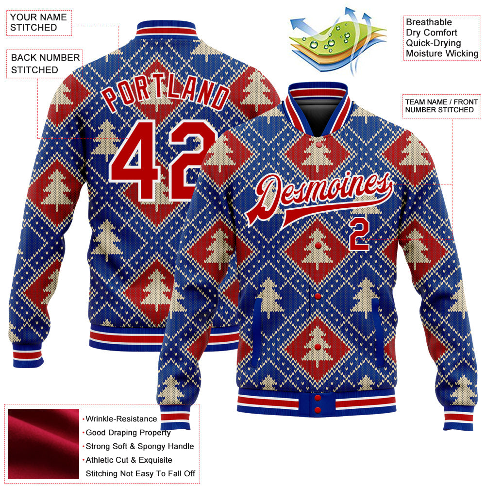 Custom Royal Red-White Christmas 3D Bomber Full-Snap Varsity Letterman Jacket view 5