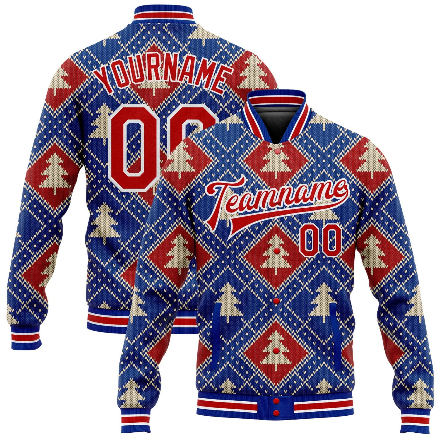 Custom Royal Red-White Christmas 3D Bomber Full-Snap Varsity Letterman Jacket - Main View