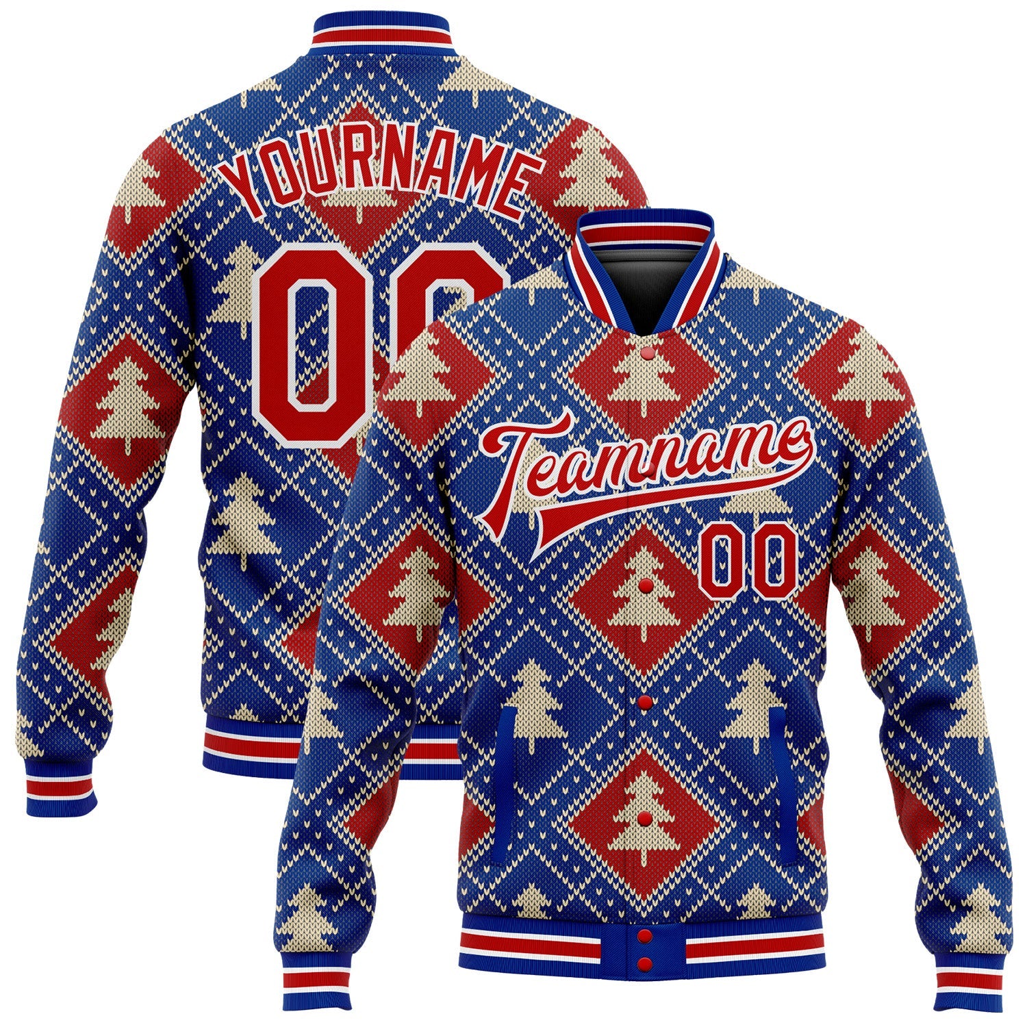 Custom Royal Red-White Christmas 3D Bomber Full-Snap Varsity Letterman Jacket - Main View