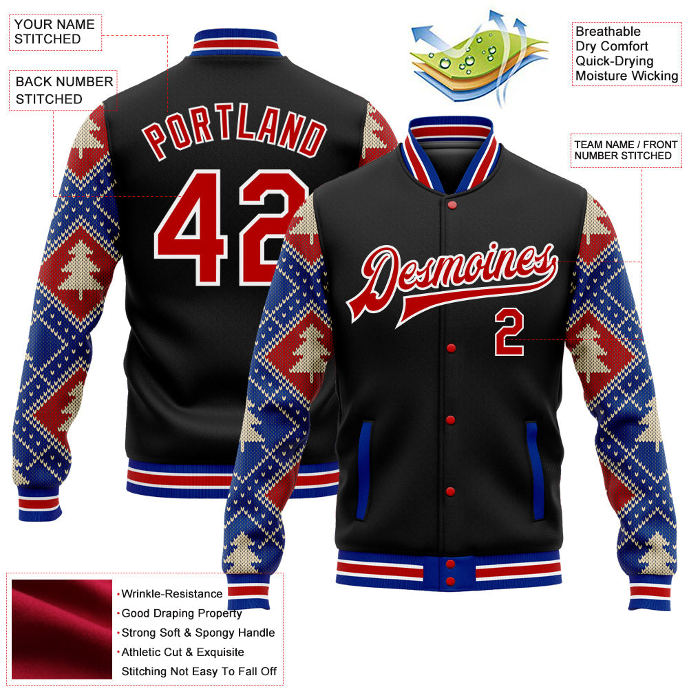 Custom Black Red-Royal Christmas 3D Bomber Full-Snap Varsity Letterman Jacket view 5