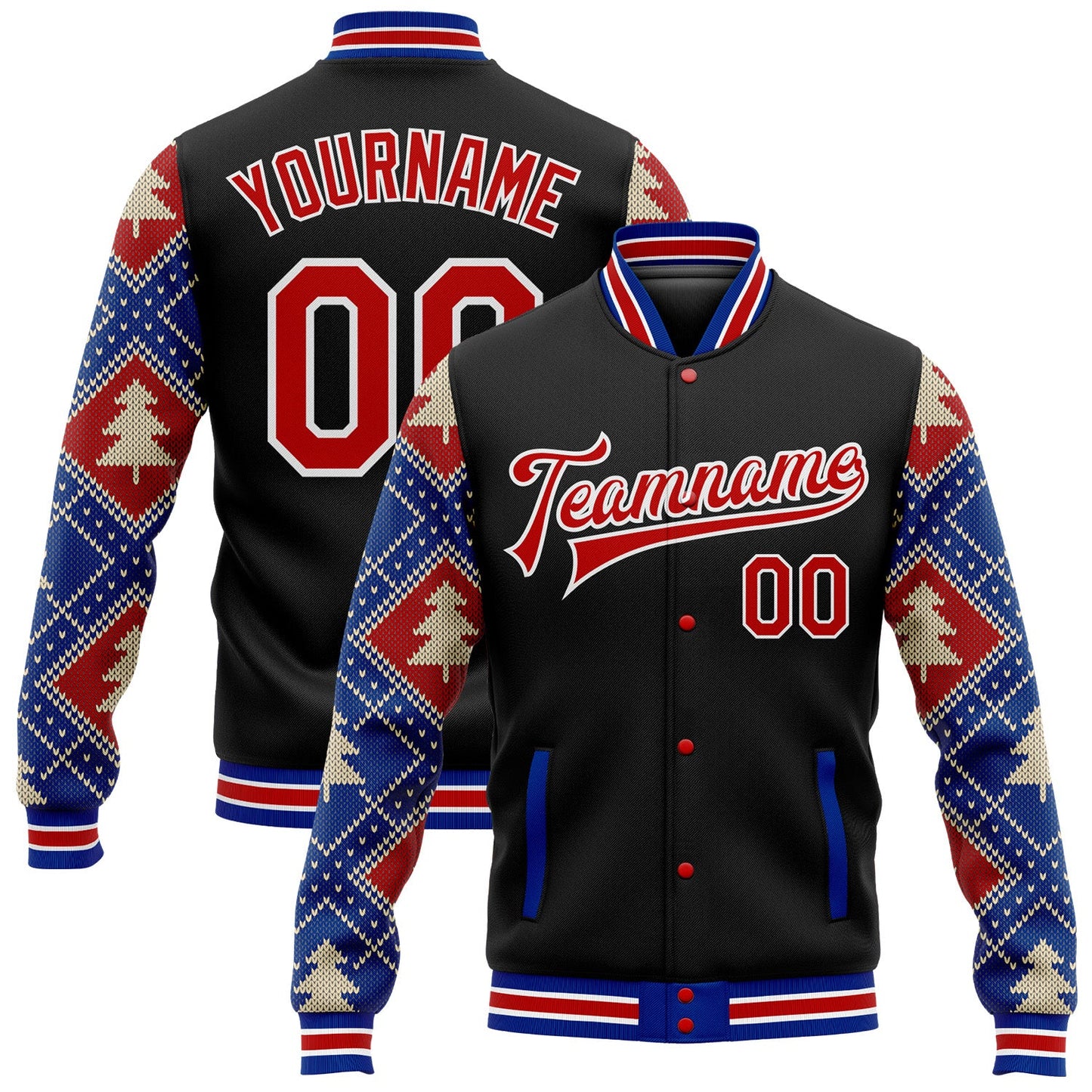 Custom Black Red-Royal Christmas 3D Bomber Full-Snap Varsity Letterman Jacket - Main View