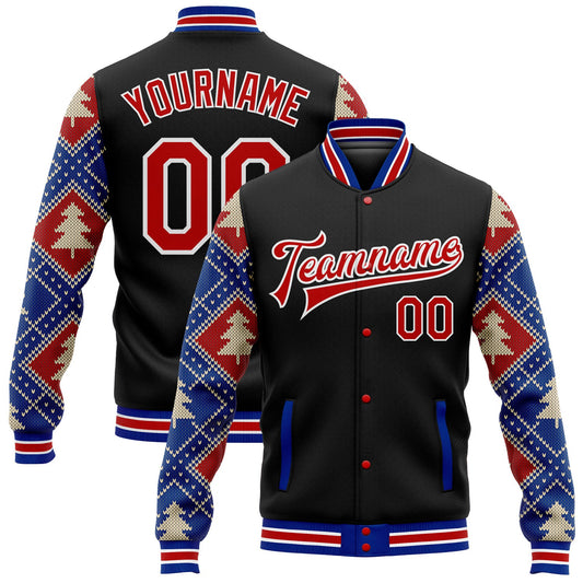 Custom Black Red-Royal Christmas 3D Bomber Full-Snap Varsity Letterman Jacket - Main View