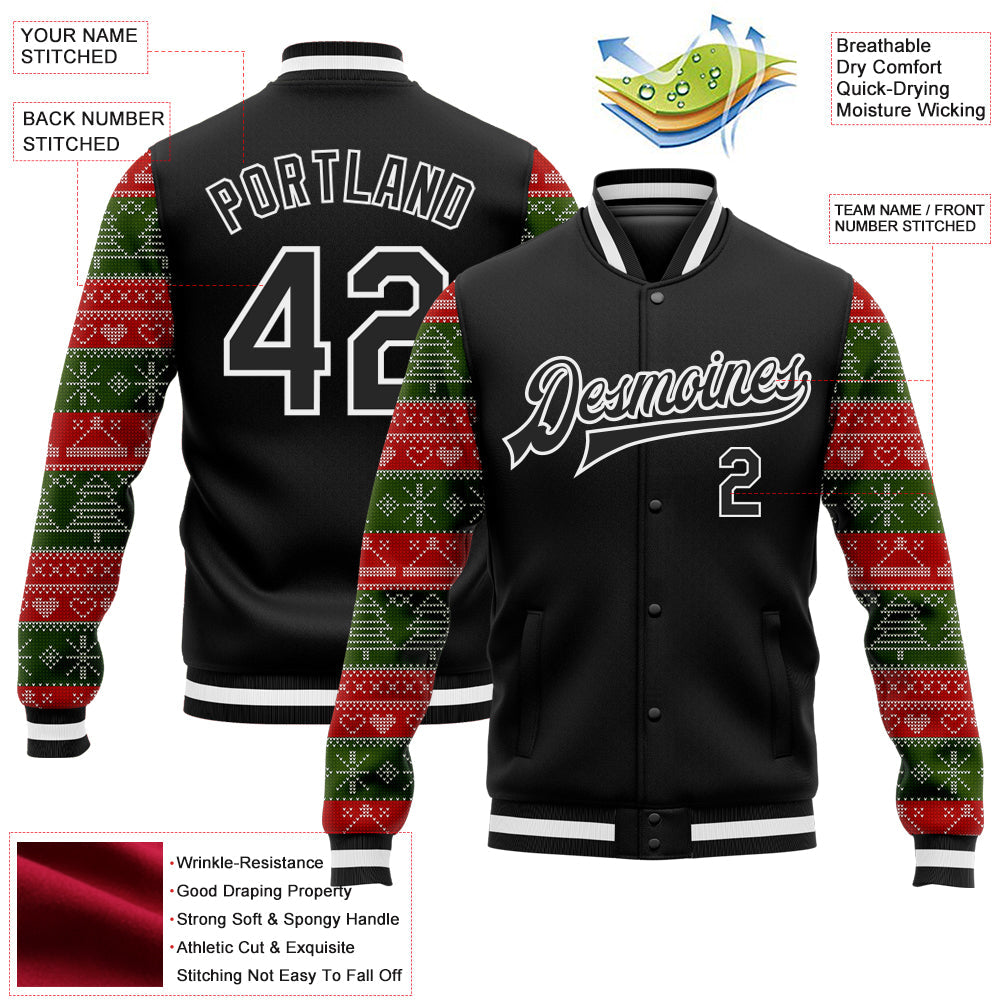 Custom Black Red Green Christmas 3D Bomber Full-Snap Varsity Letterman Jacket view 5