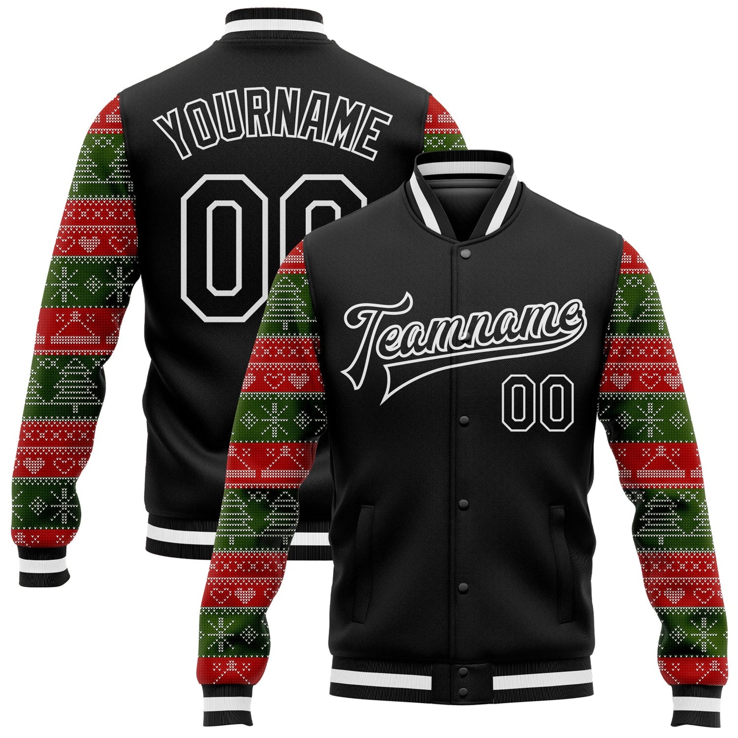 Custom Black Red Green Christmas 3D Bomber Full-Snap Varsity Letterman Jacket - Main View