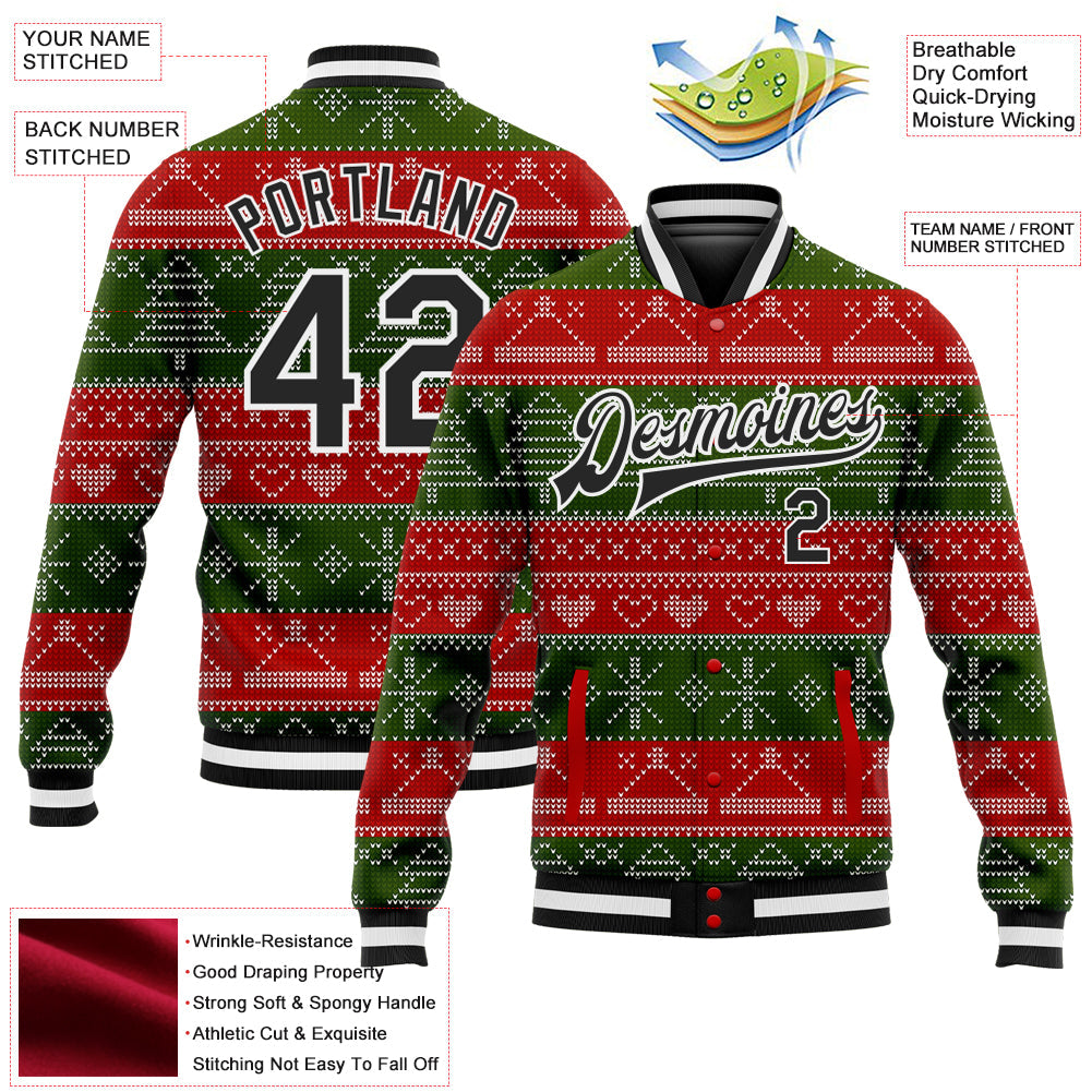 Custom Red Black-Green Christmas 3D Bomber Full-Snap Varsity Letterman Jacket view 5