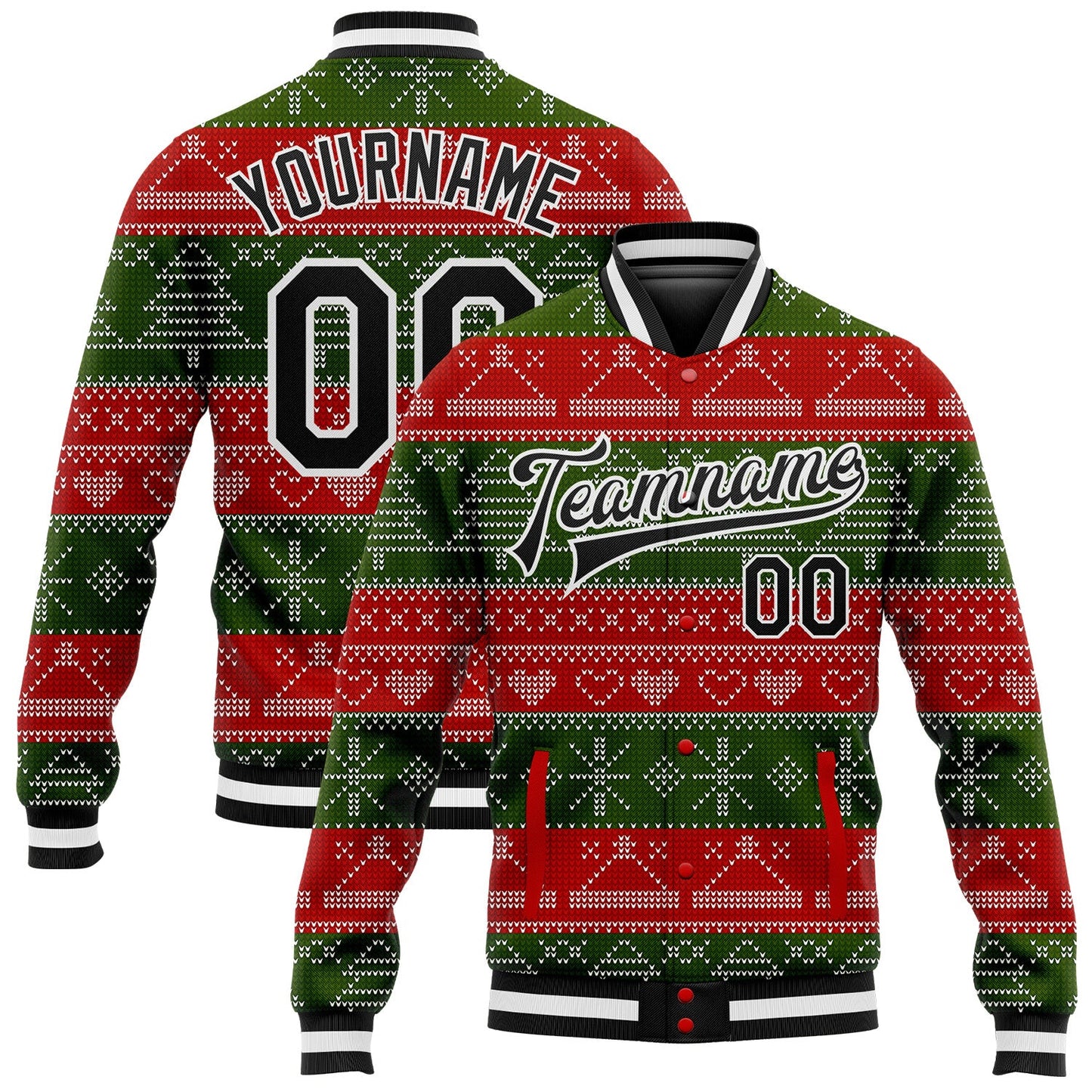 Custom Red Black-Green Christmas 3D Bomber Full-Snap Varsity Letterman Jacket - Main View
