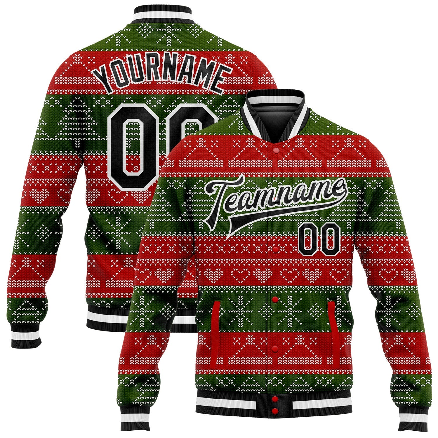 Custom Red Black-Green Christmas 3D Bomber Full-Snap Varsity Letterman Jacket - Main View
