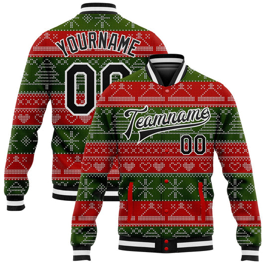Custom Red Black-Green Christmas 3D Bomber Full-Snap Varsity Letterman Jacket - Main View