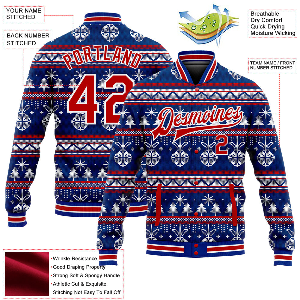 Custom Royal Red-White Christmas 3D Bomber Full-Snap Varsity Letterman Jacket view 5