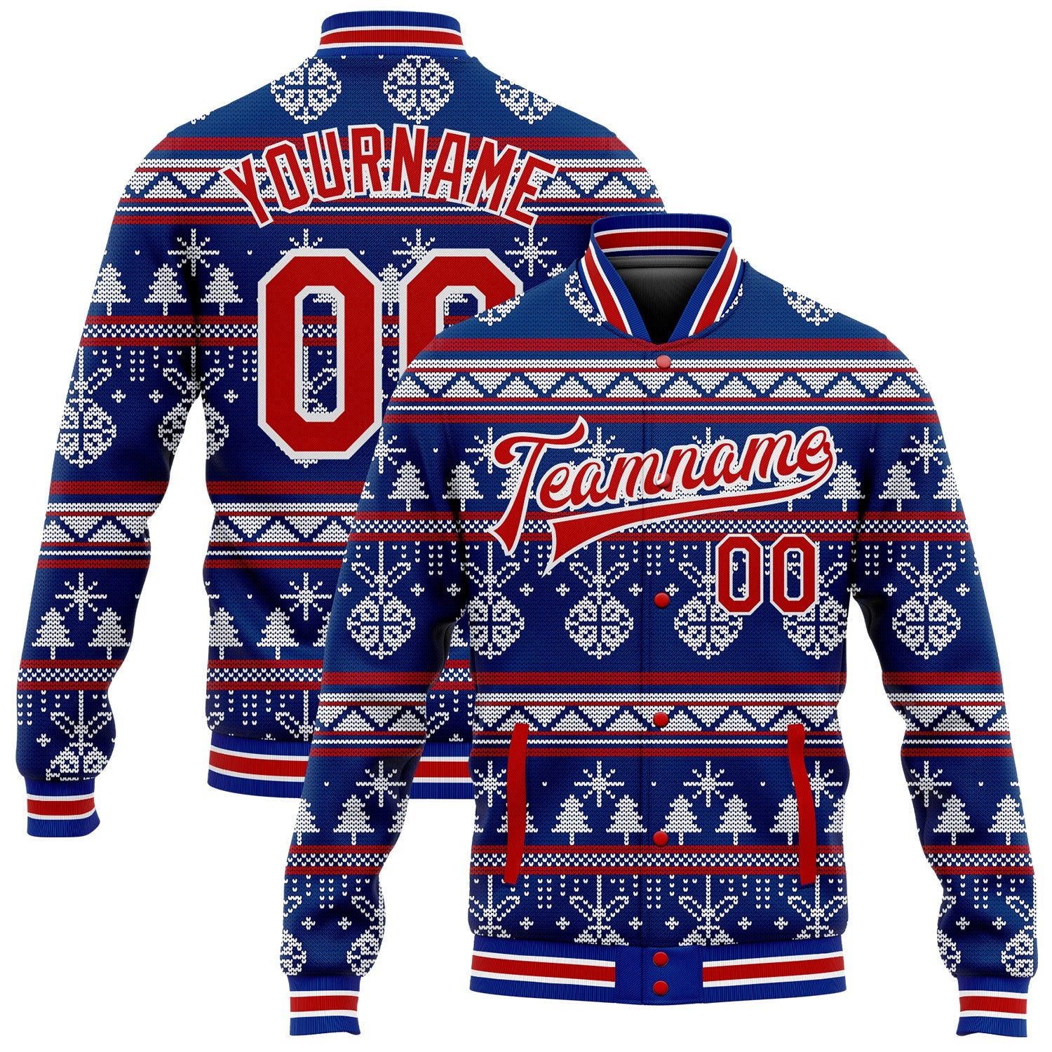 Custom Royal Red-White Christmas 3D Bomber Full-Snap Varsity Letterman Jacket - Main View