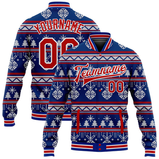 Custom Royal Red-White Christmas 3D Bomber Full-Snap Varsity Letterman Jacket - Main View