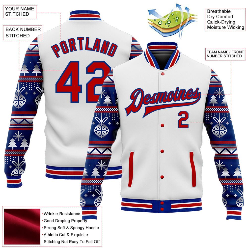 Custom White Red-Royal Christmas 3D Bomber Full-Snap Varsity Letterman Jacket view 5