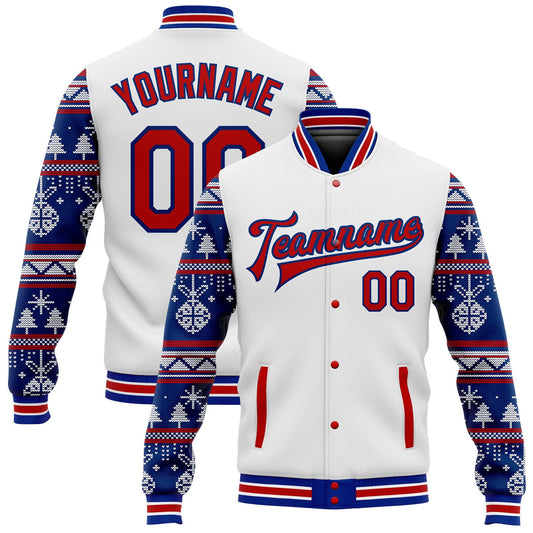 Custom White Red-Royal Christmas 3D Bomber Full-Snap Varsity Letterman Jacket - Main View
