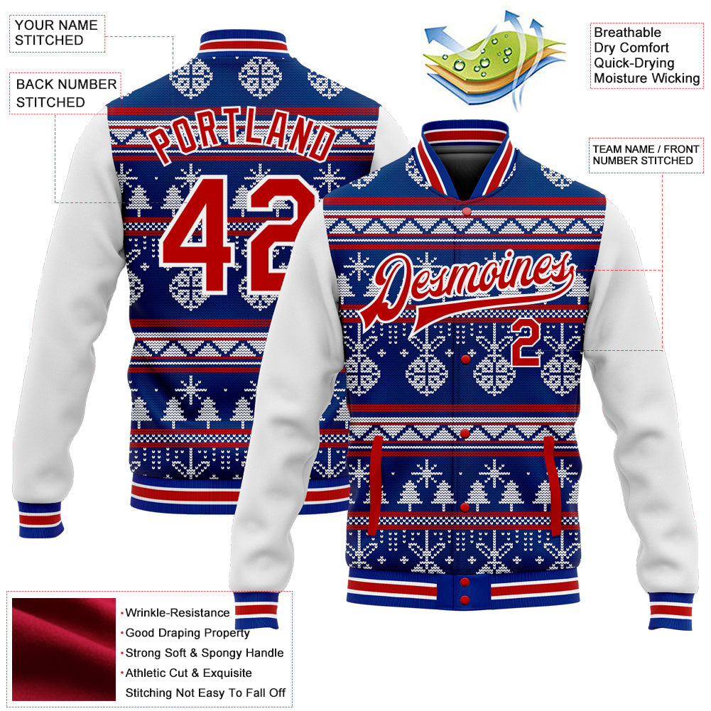 Custom Royal Red-White Christmas 3D Bomber Full-Snap Varsity Letterman Jacket view 5
