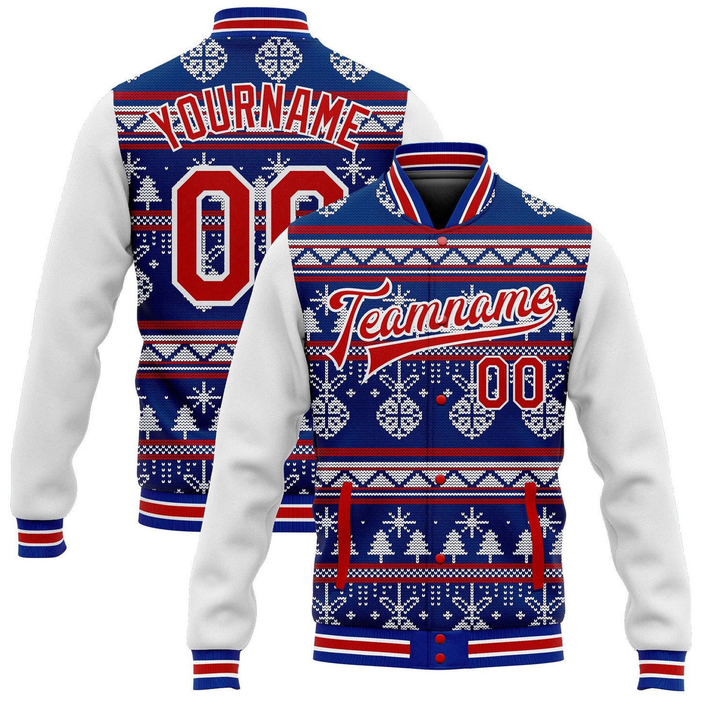 Custom Royal Red-White Christmas 3D Bomber Full-Snap Varsity Letterman Jacket - Main View
