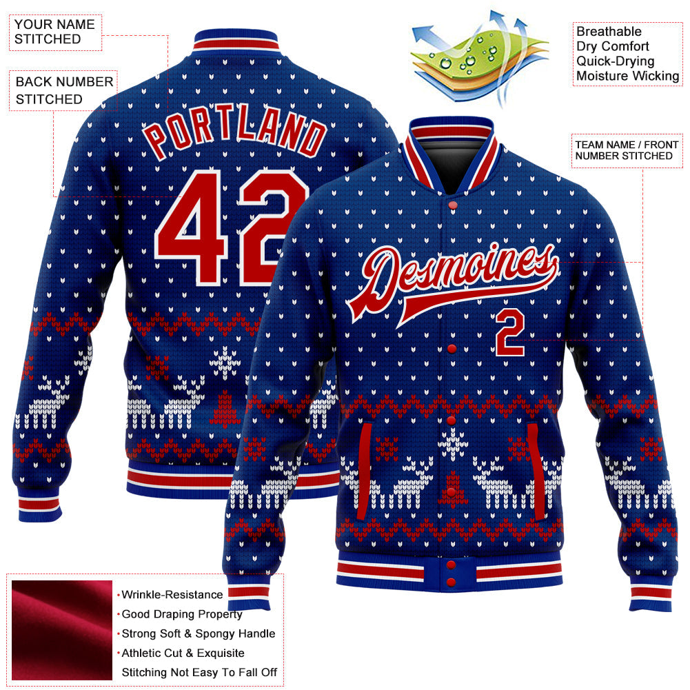 Custom Royal Red-White Christmas 3D Bomber Full-Snap Varsity Letterman Jacket view 5