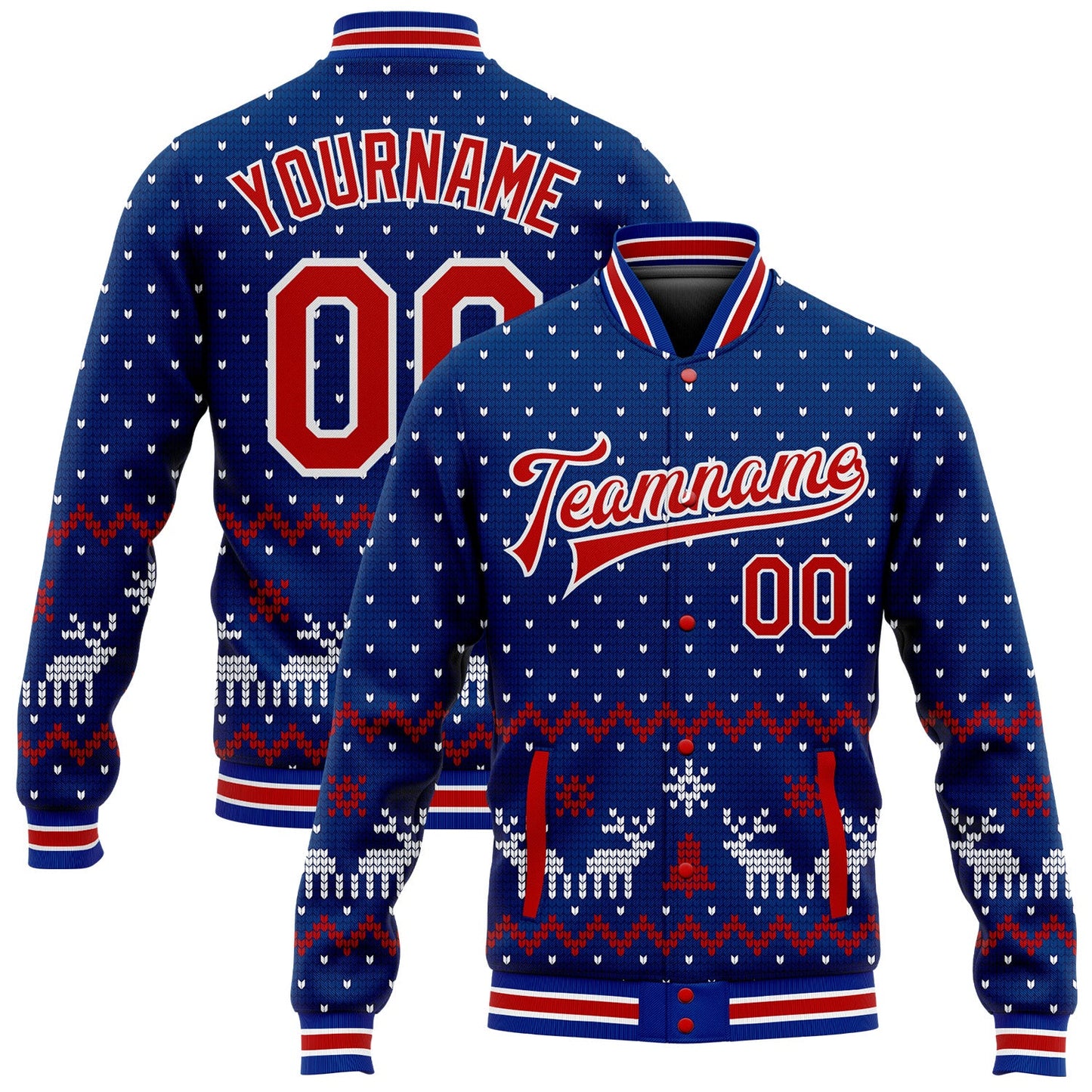 Custom Royal Red-White Christmas 3D Bomber Full-Snap Varsity Letterman Jacket - Main View