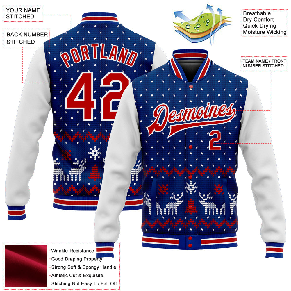 Custom Royal Red-White Christmas 3D Bomber Full-Snap Varsity Letterman Jacket view 5