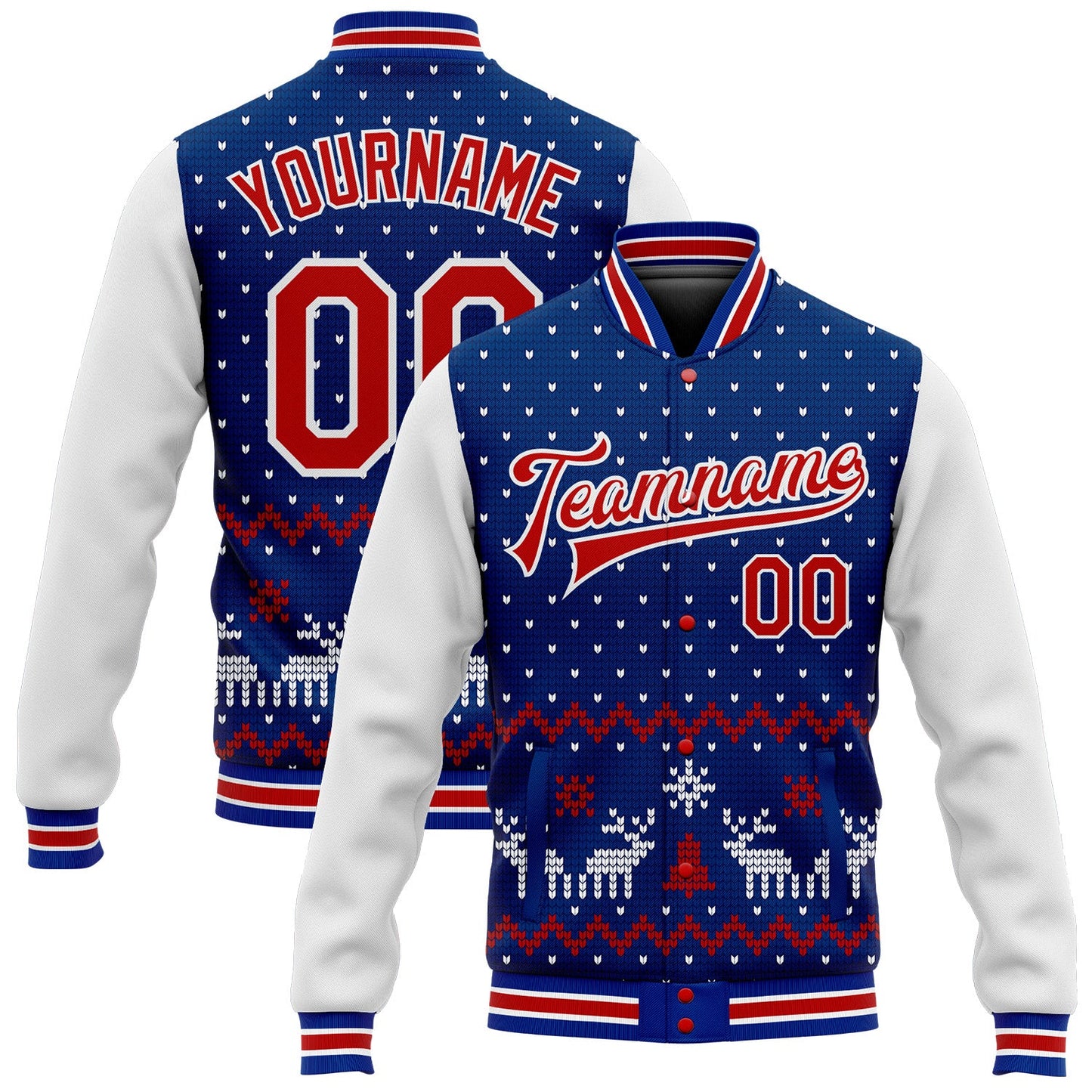 Custom Royal Red-White Christmas 3D Bomber Full-Snap Varsity Letterman Jacket - Main View