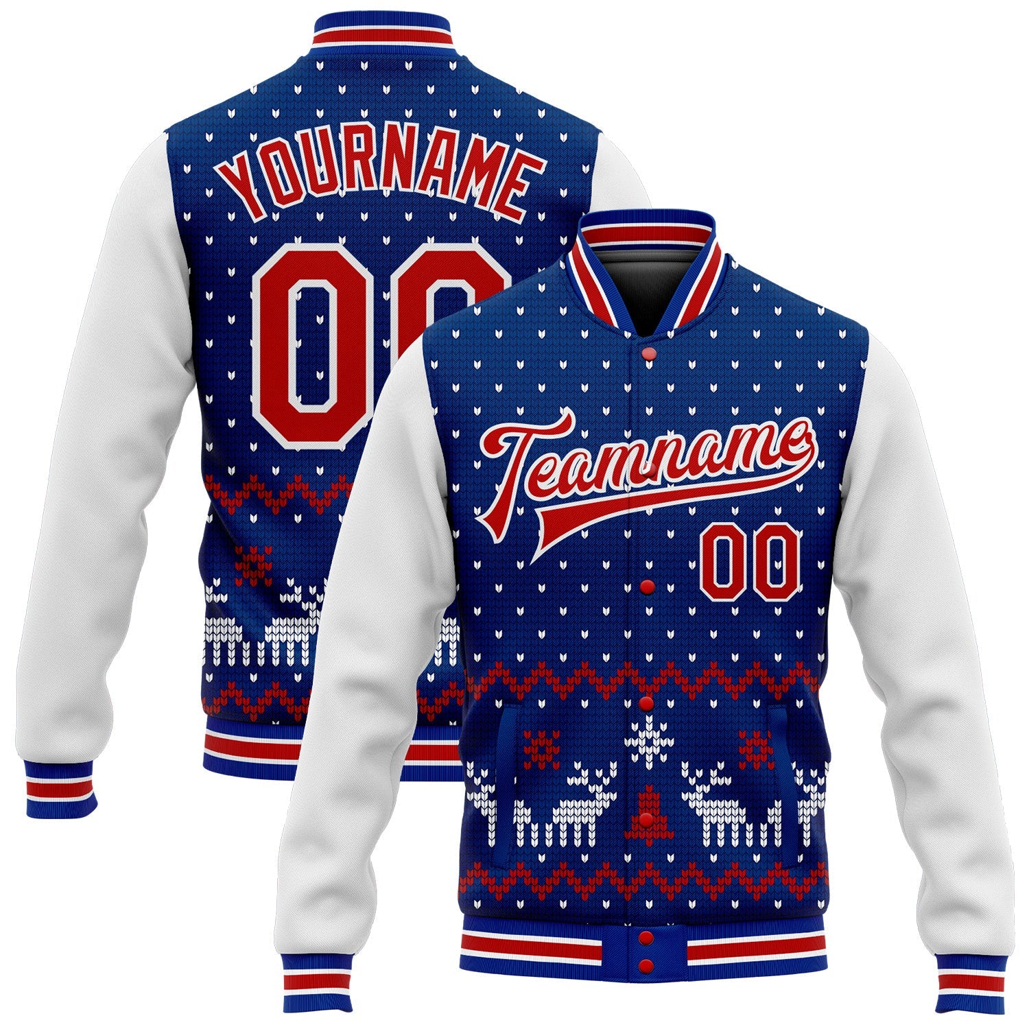Custom Royal Red-White Christmas 3D Bomber Full-Snap Varsity Letterman Jacket - Main View