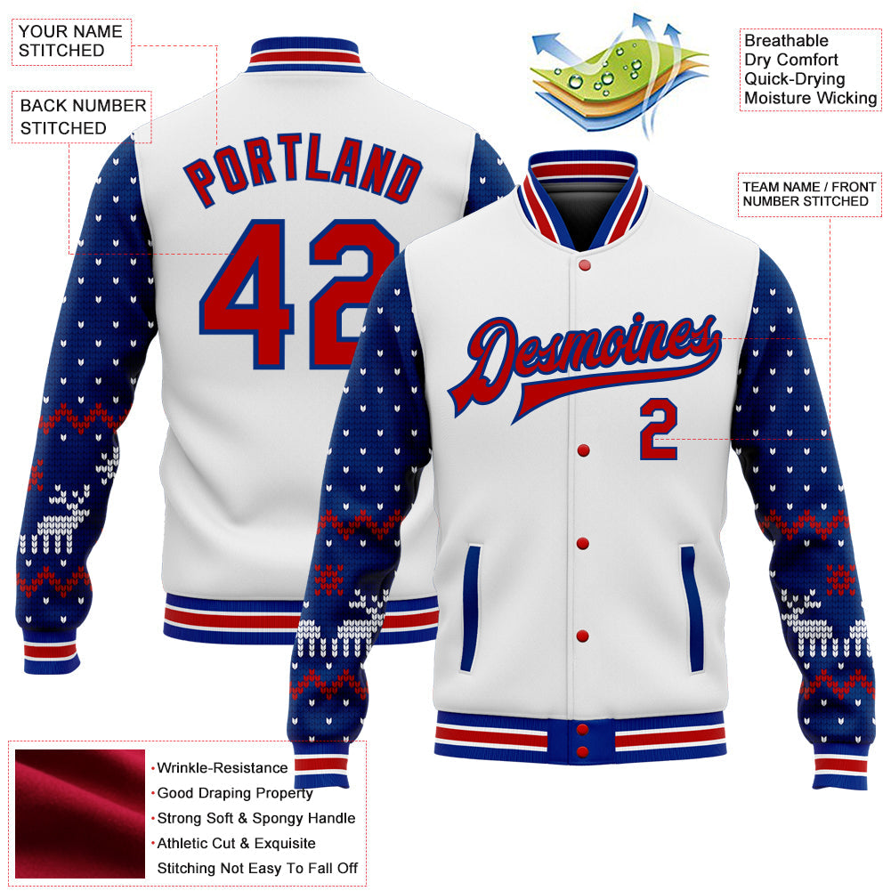 Custom White Red-Royal Christmas 3D Bomber Full-Snap Varsity Letterman Jacket view 5