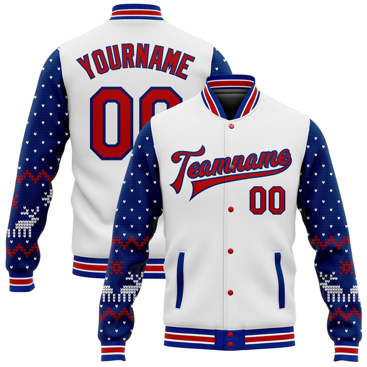 Custom White Red-Royal Christmas 3D Bomber Full-Snap Varsity Letterman Jacket - Main View