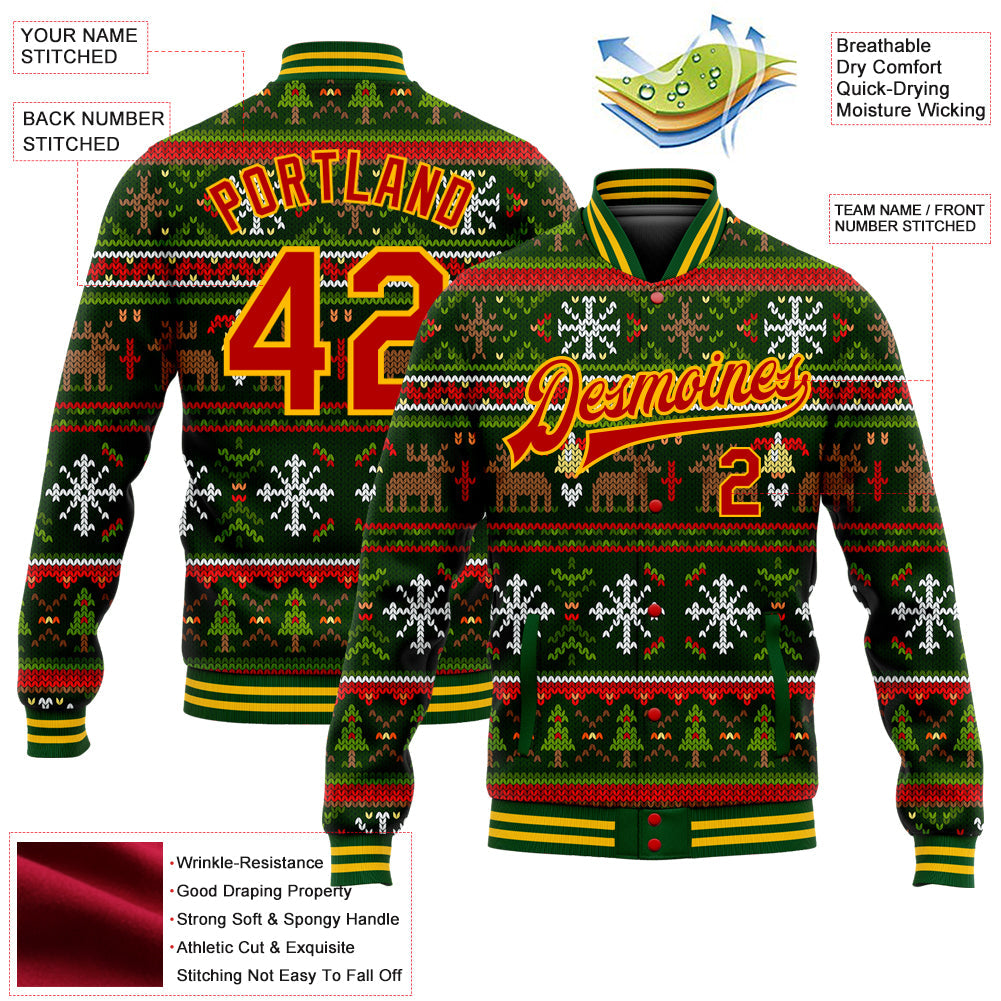 Custom Green Red-Gold Christmas 3D Bomber Full-Snap Varsity Letterman Jacket view 5