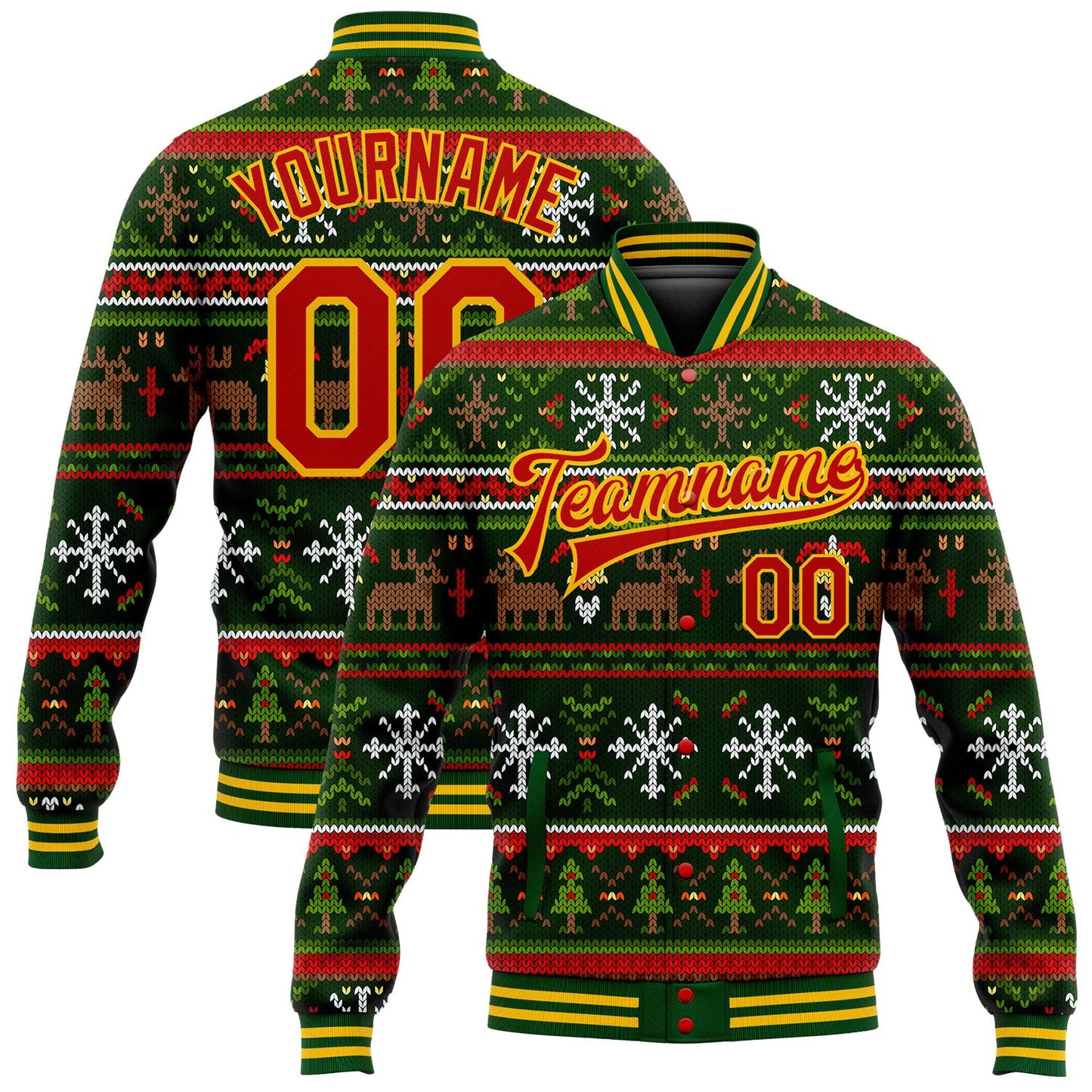 Custom Green Red-Gold Christmas 3D Bomber Full-Snap Varsity Letterman Jacket - Main View