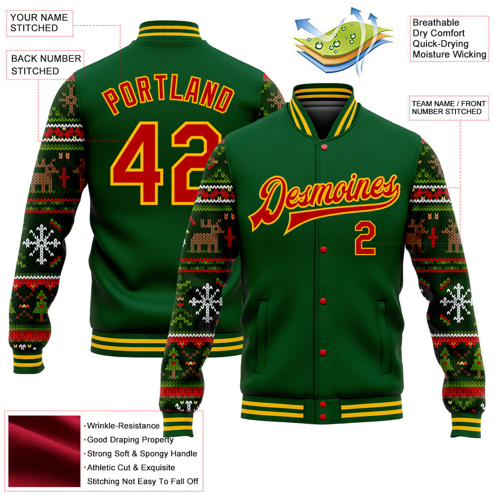 Custom Green Red-Gold Christmas 3D Bomber Full-Snap Varsity Letterman Jacket view 5