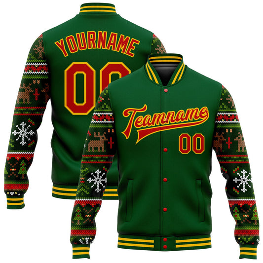 Custom Green Red-Gold Christmas 3D Bomber Full-Snap Varsity Letterman Jacket - Main View