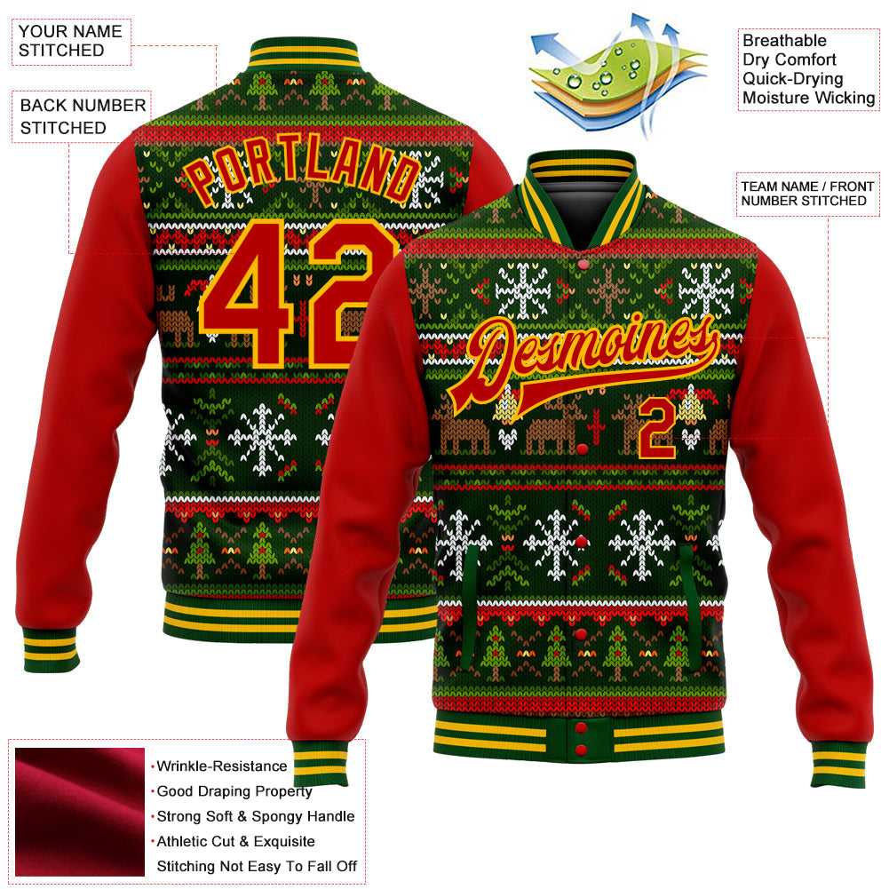 Custom Green Red-Gold Christmas 3D Bomber Full-Snap Varsity Letterman Jacket view 5
