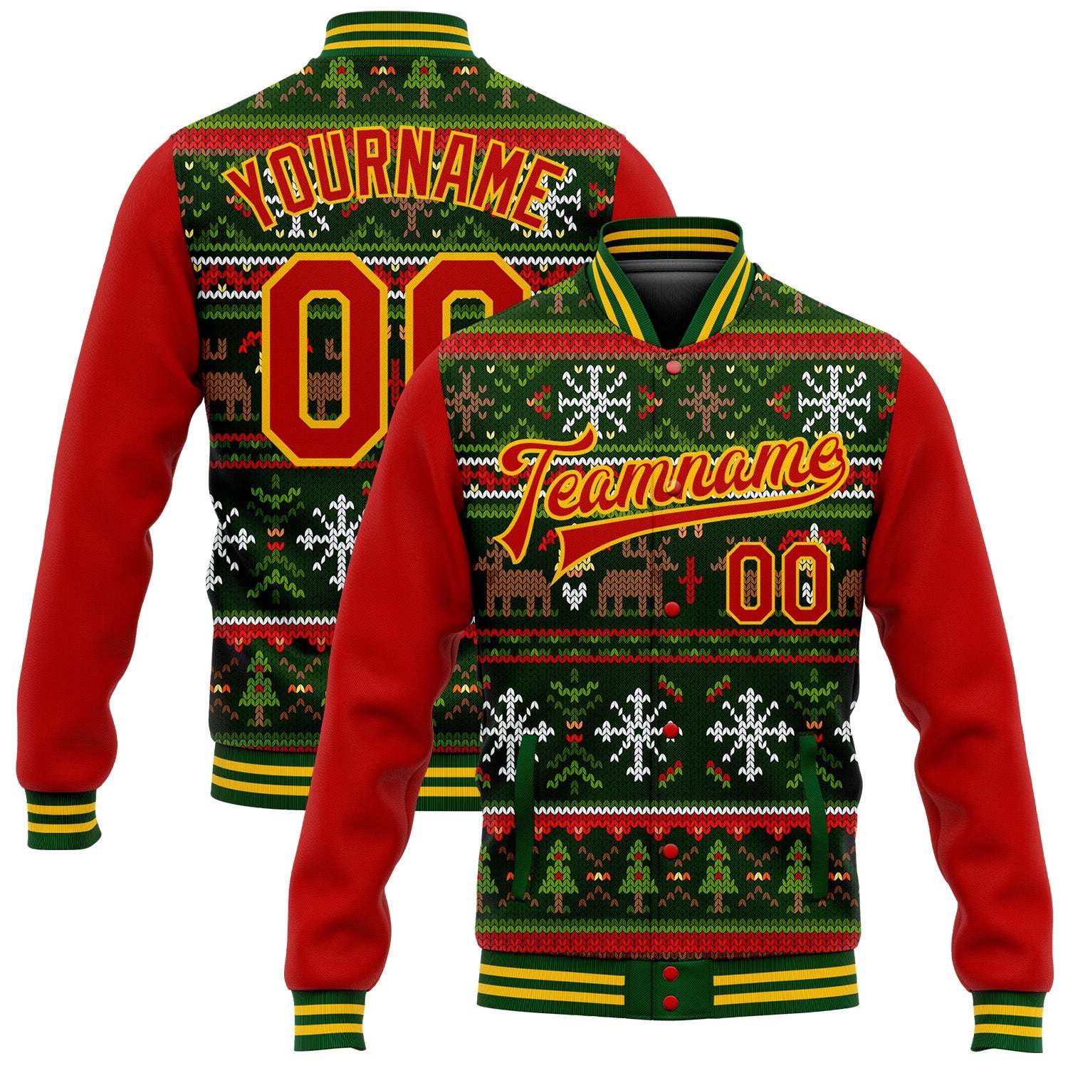 Custom Green Red-Gold Christmas 3D Bomber Full-Snap Varsity Letterman Jacket - Main View