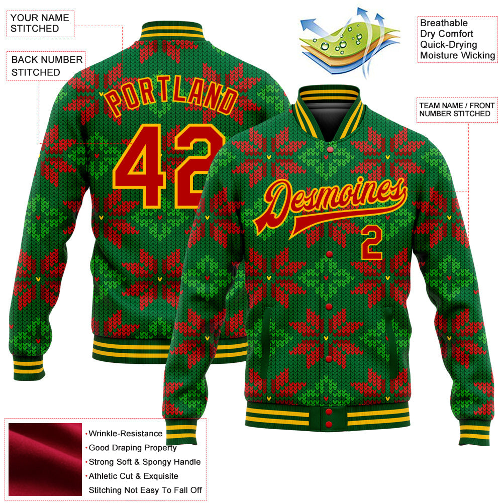 Custom Green Red-Gold Christmas 3D Bomber Full-Snap Varsity Letterman Jacket view 5